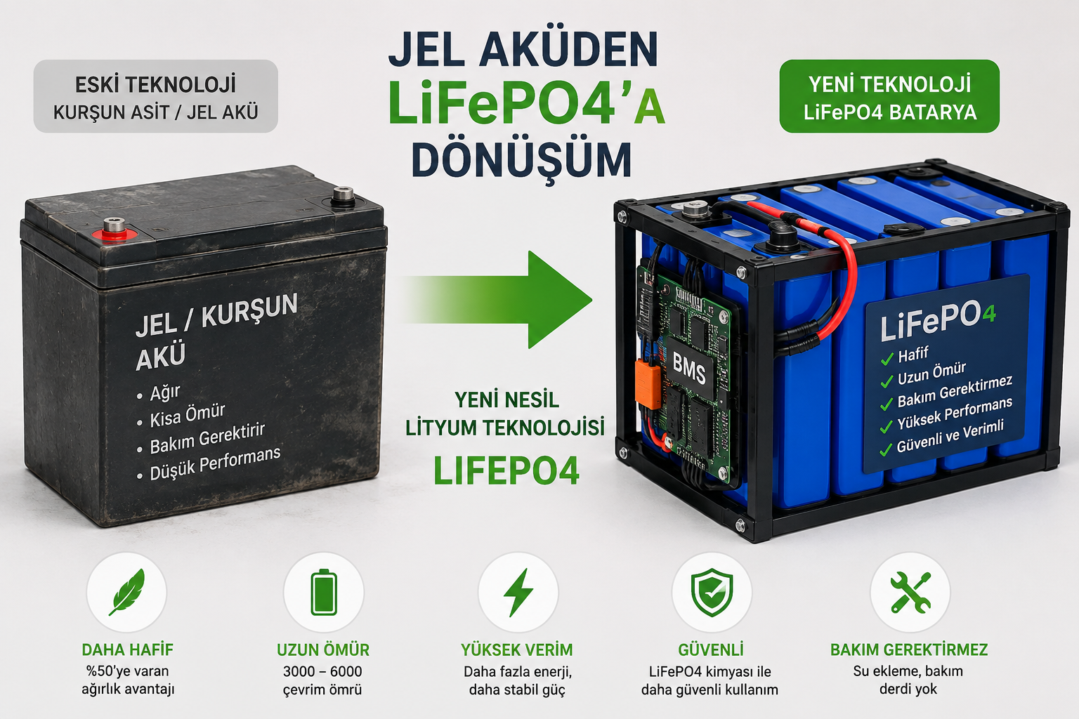Jel ve kurşun aküden yeni nesil LiFePO4 bataryaya dönüşüm